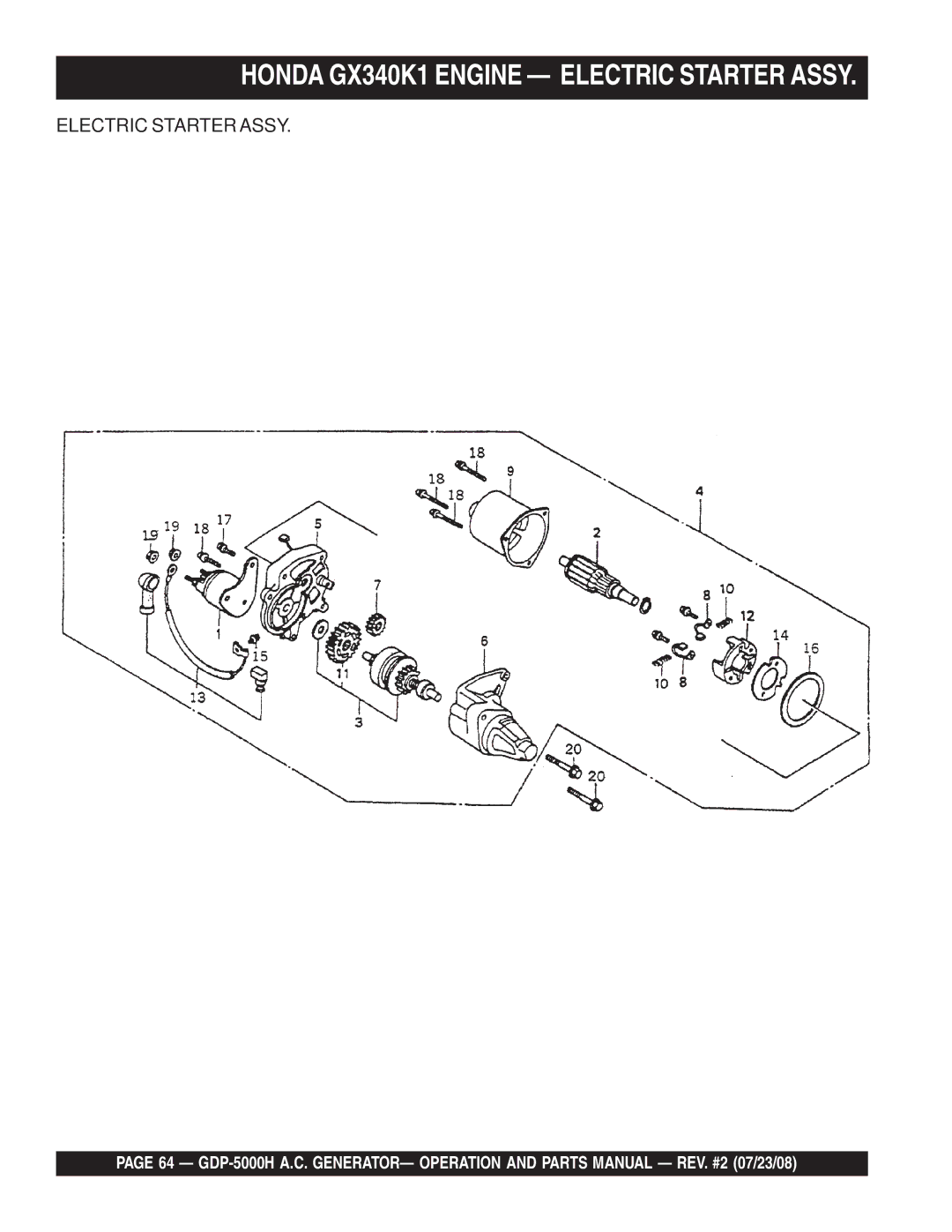 Multiquip GBP5000H manual Honda GX340K1 Engine Electric Starter Assy 