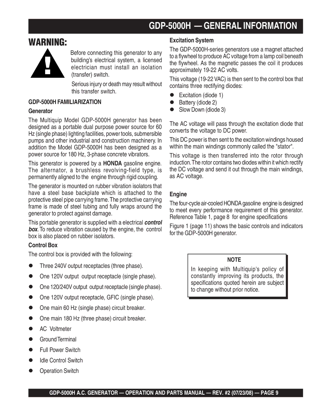 Multiquip GBP5000H manual GDP-5000H General Information, Generator, Control Box, Excitation System, Engine 