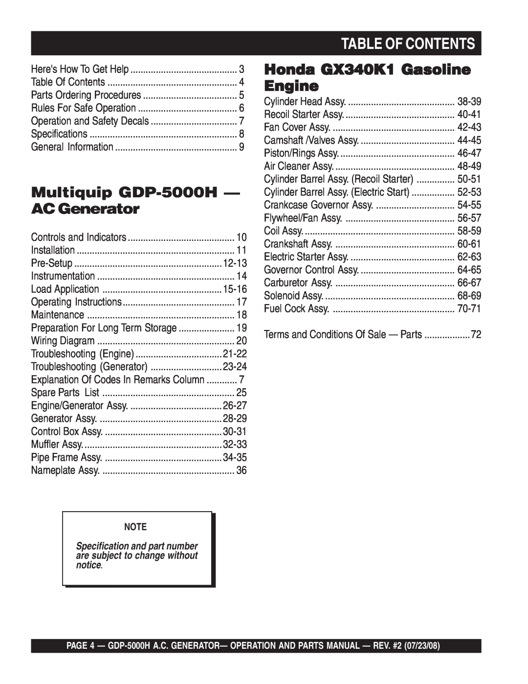 Multiquip GBP5000H manual Table Of Contents, Multiquip GDP-5000H - AC Generator, Honda GX340K1 Gasoline Engine 