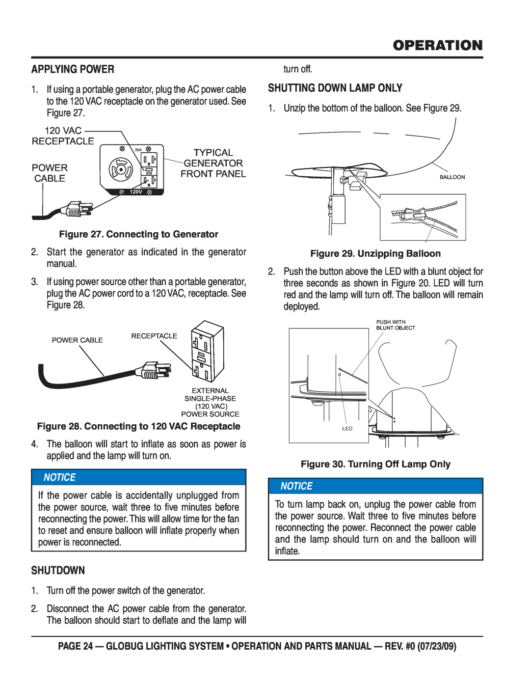 Multiquip GBS, GBWE, BGMP, GBHM, GBP manual Applying Power, Shutting Down Lamp Only, Shutdown, Operation 