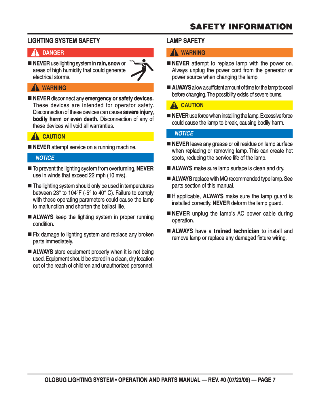 Multiquip GBS, GBWE, BGMP, GBHM, GBP manual Lighting System Safety, Lamp Safety, Safety Information, Danger 