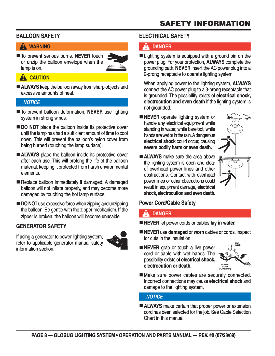 Multiquip GBWE Balloon Safety, Generator Safety, Electrical Safety, Power Cord/Cable Safety, Safety Information, Danger 