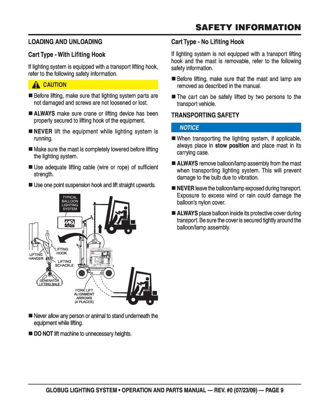 Multiquip BGMP, GBS LOADING AND UNLOADING Cart Type - With Liﬁting Hook, Cart Type - No Liﬁting Hook, Transporting Safety 