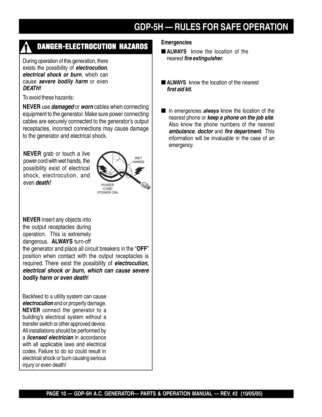 Multiquip GDP-5H manual Death, Emergencies 