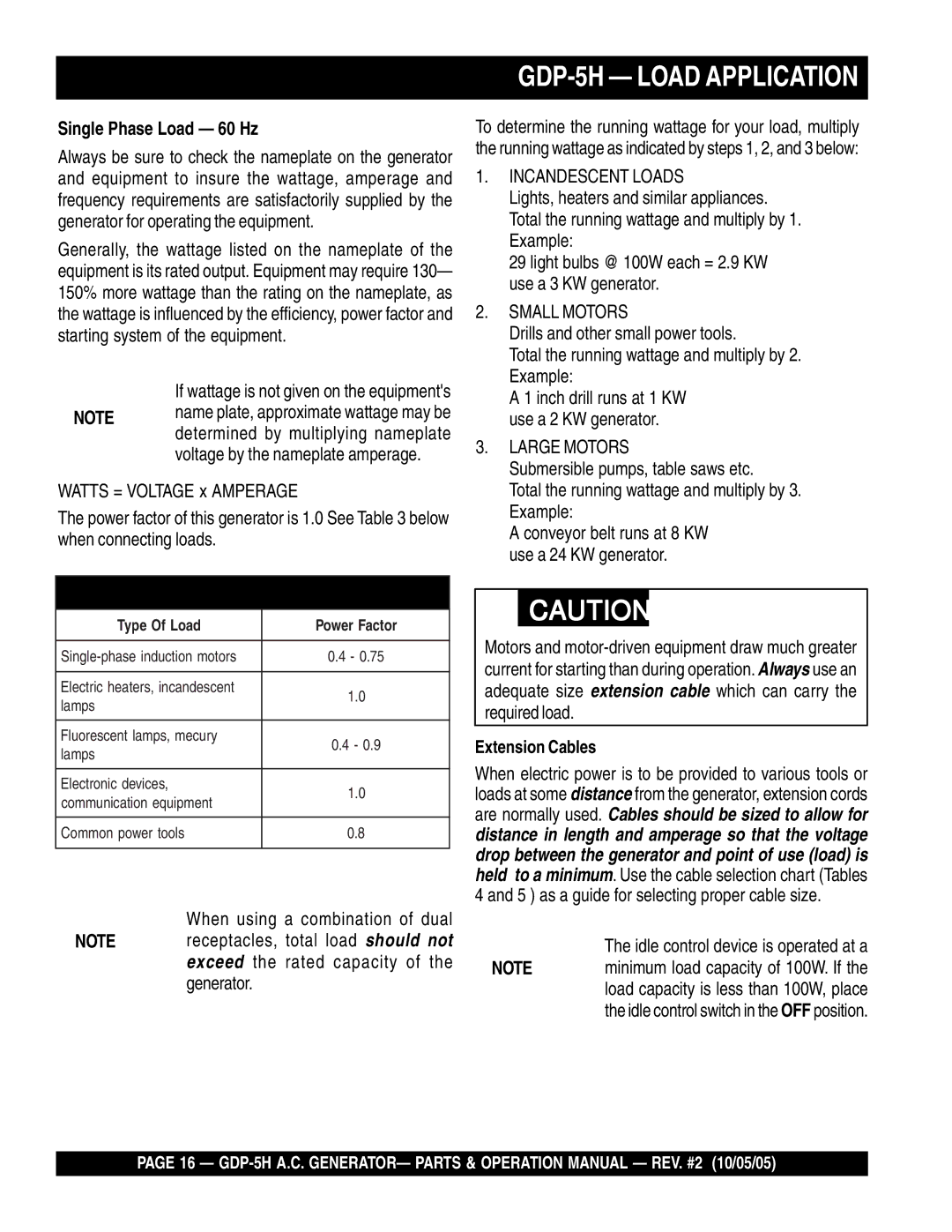 Multiquip manual GDP-5H Load Application, Single Phase Load 60 Hz, Extension Cables 