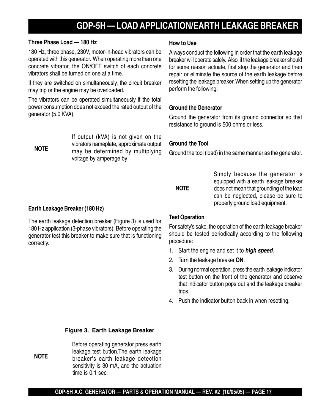 Multiquip GDP-5H Three Phase Load 180 Hz, How to Use, Ground the Generator, Ground the Tool, Earth Leakage Breaker 180 Hz 