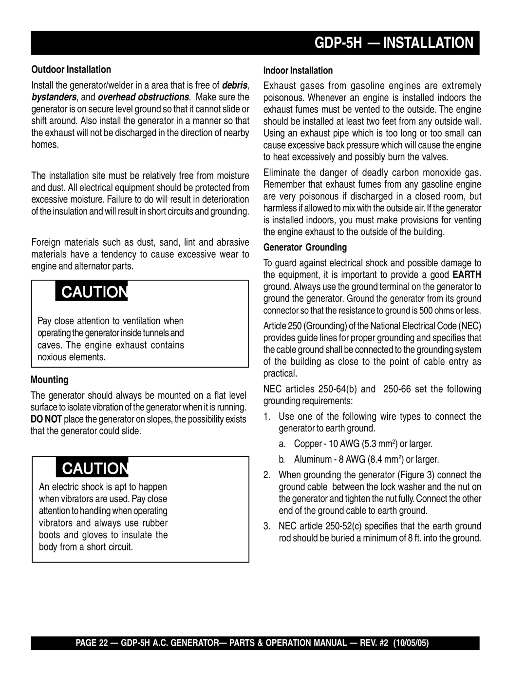 Multiquip manual GDP-5H Installation, Outdoor Installation, Mounting, Indoor Installation, Generator Grounding 