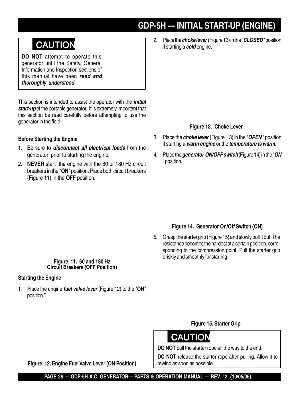 Multiquip GDP-5H manual Hz Circuit Breakers OFF Position Starting the Engine, Choke Lever 