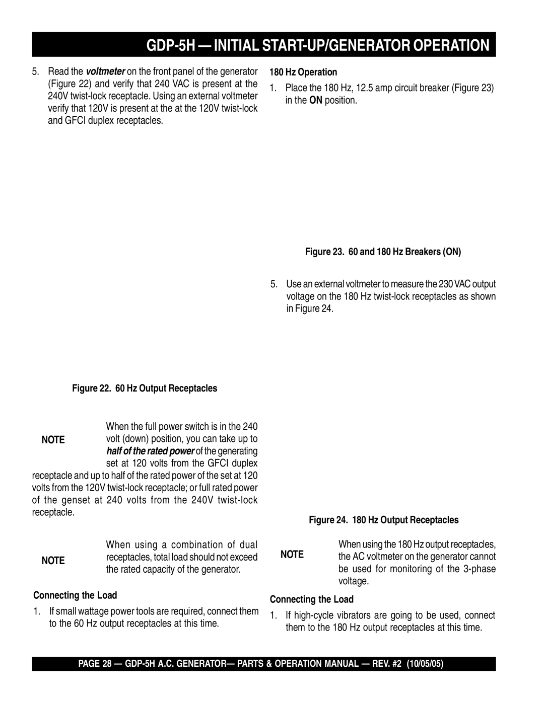 Multiquip GDP-5H manual Hz Output Receptacles, Connecting the Load 