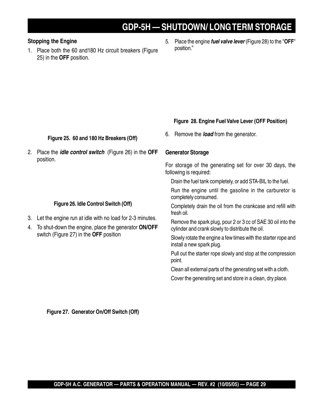 Multiquip GDP-5H manual Stopping the Engine, Generator Storage 