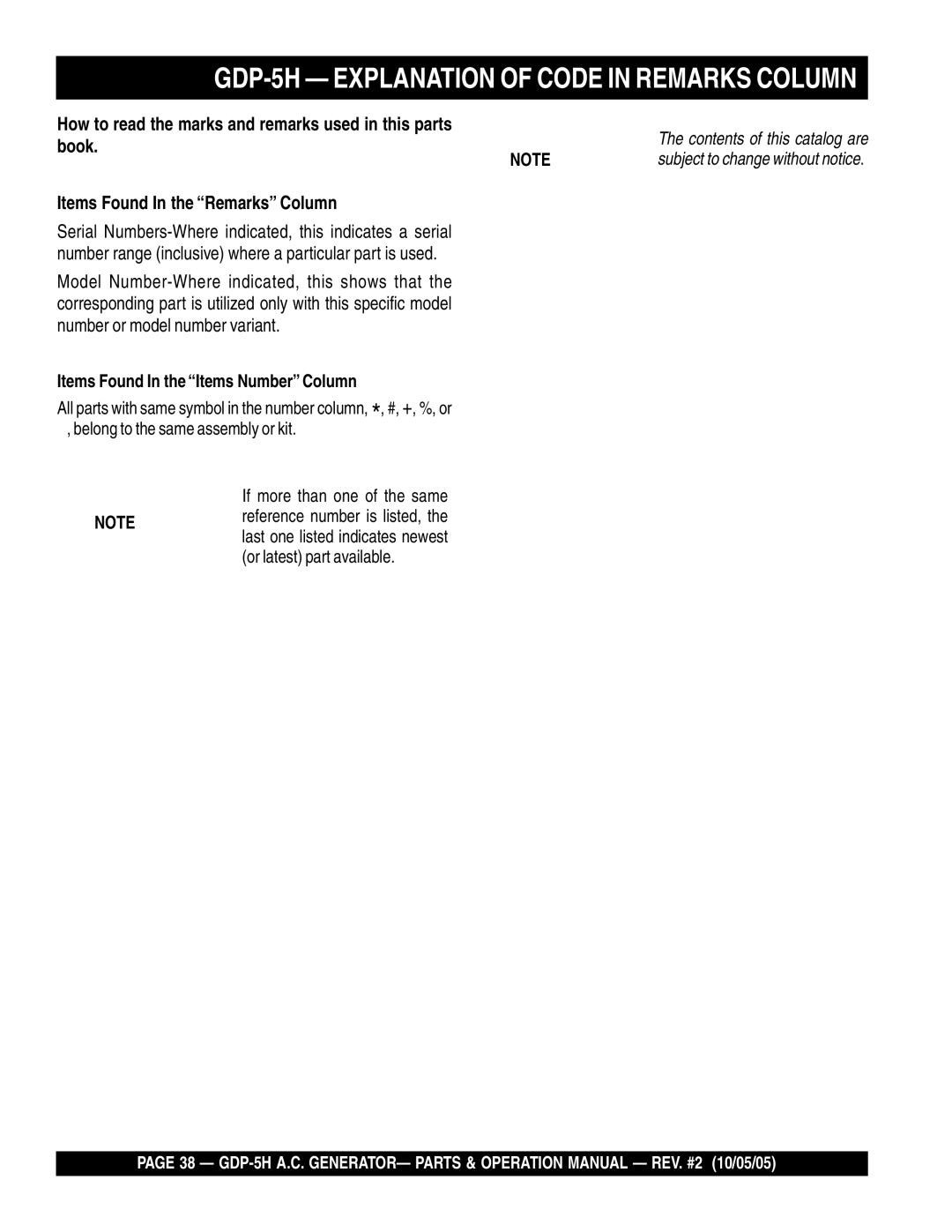 Multiquip manual GDP-5H Explanation of Code in Remarks Column, How to read the marks and remarks used in this parts 