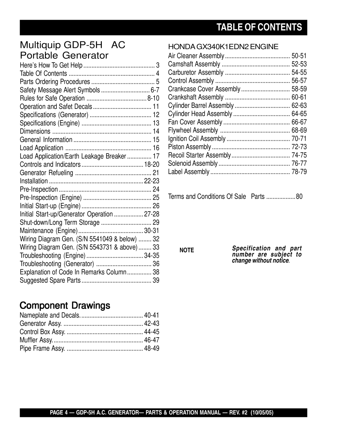 Multiquip GDP-5H manual Table of Contents 