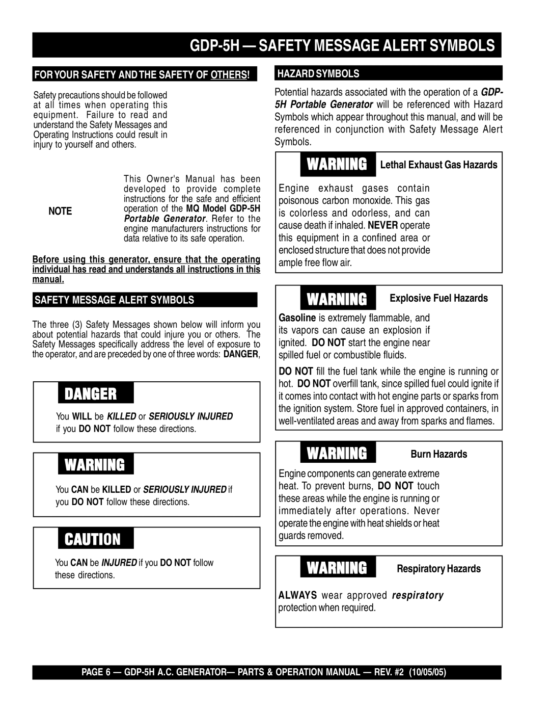 Multiquip GDP-5H manual Burn Hazards, Respiratory Hazards 