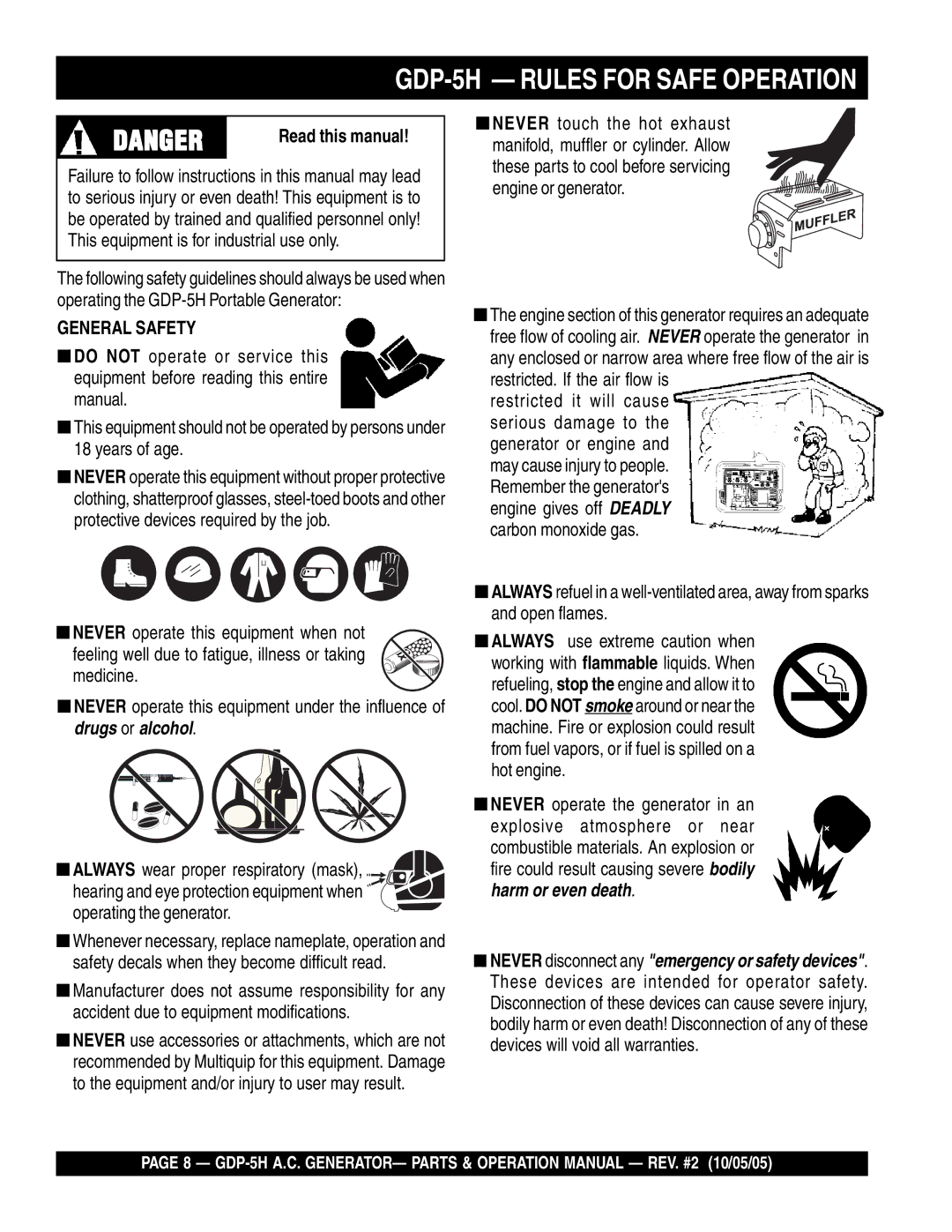 Multiquip GDP-5H Rules for Safe Operation, Read this manual 