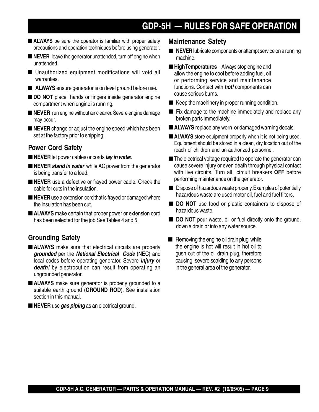 Multiquip manual GDP-5H Rules for Safe Operation 