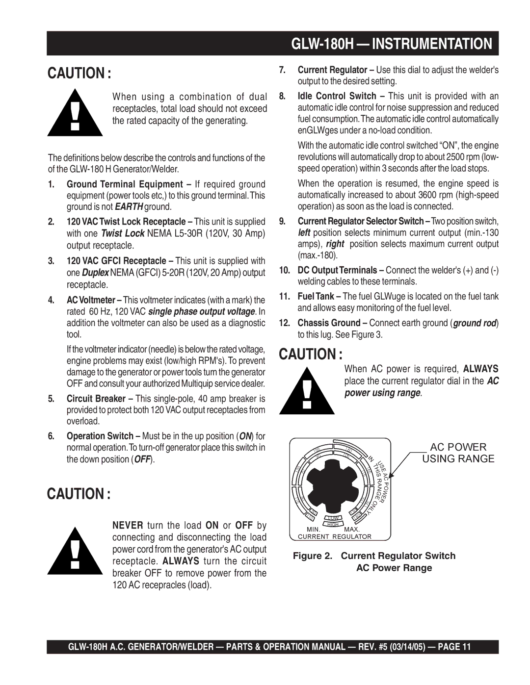 Multiquip GLW-180H operation manual Current Regulator Switch, AC Power Range 