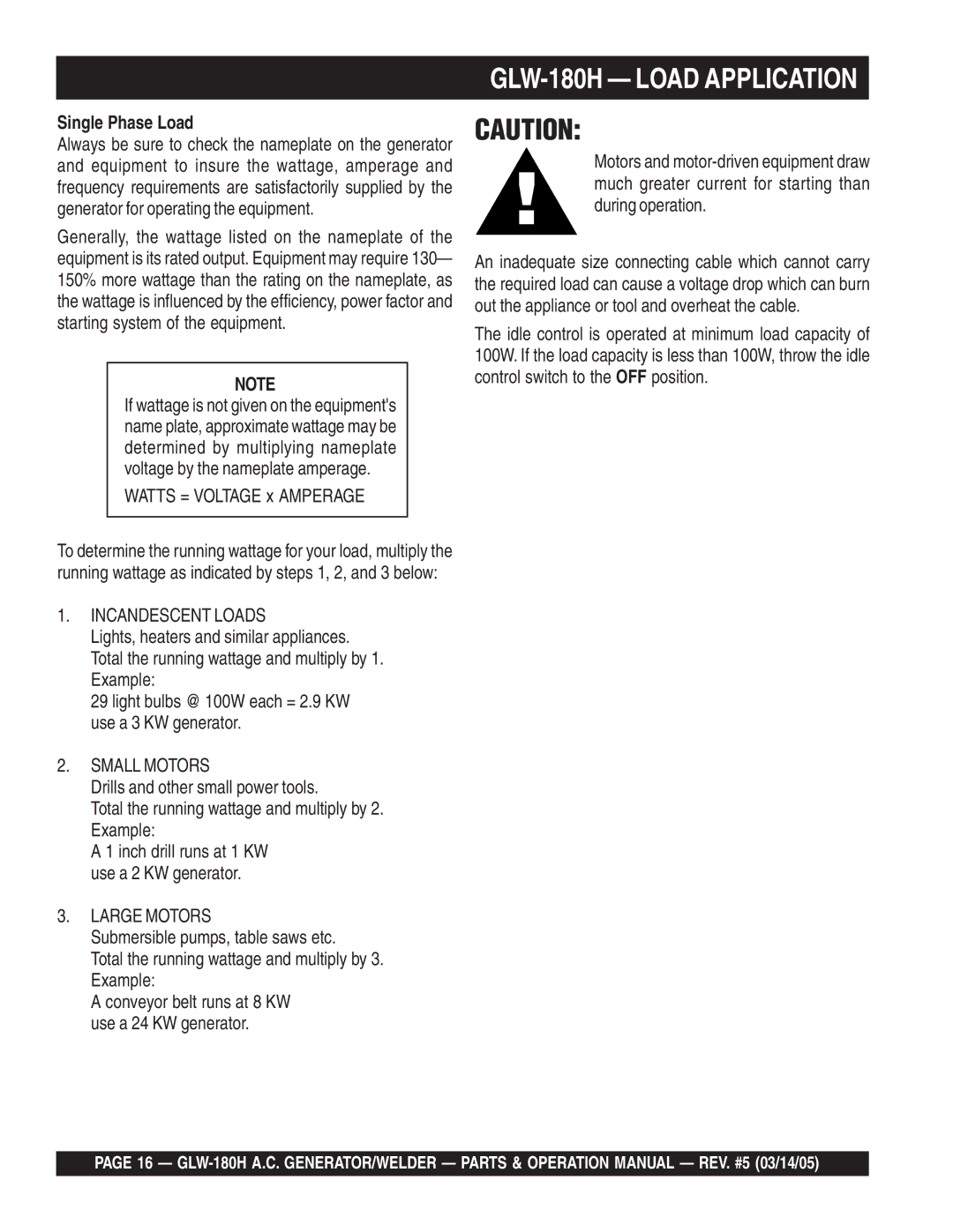 Multiquip operation manual GLW-180H Load Application, Single Phase Load 