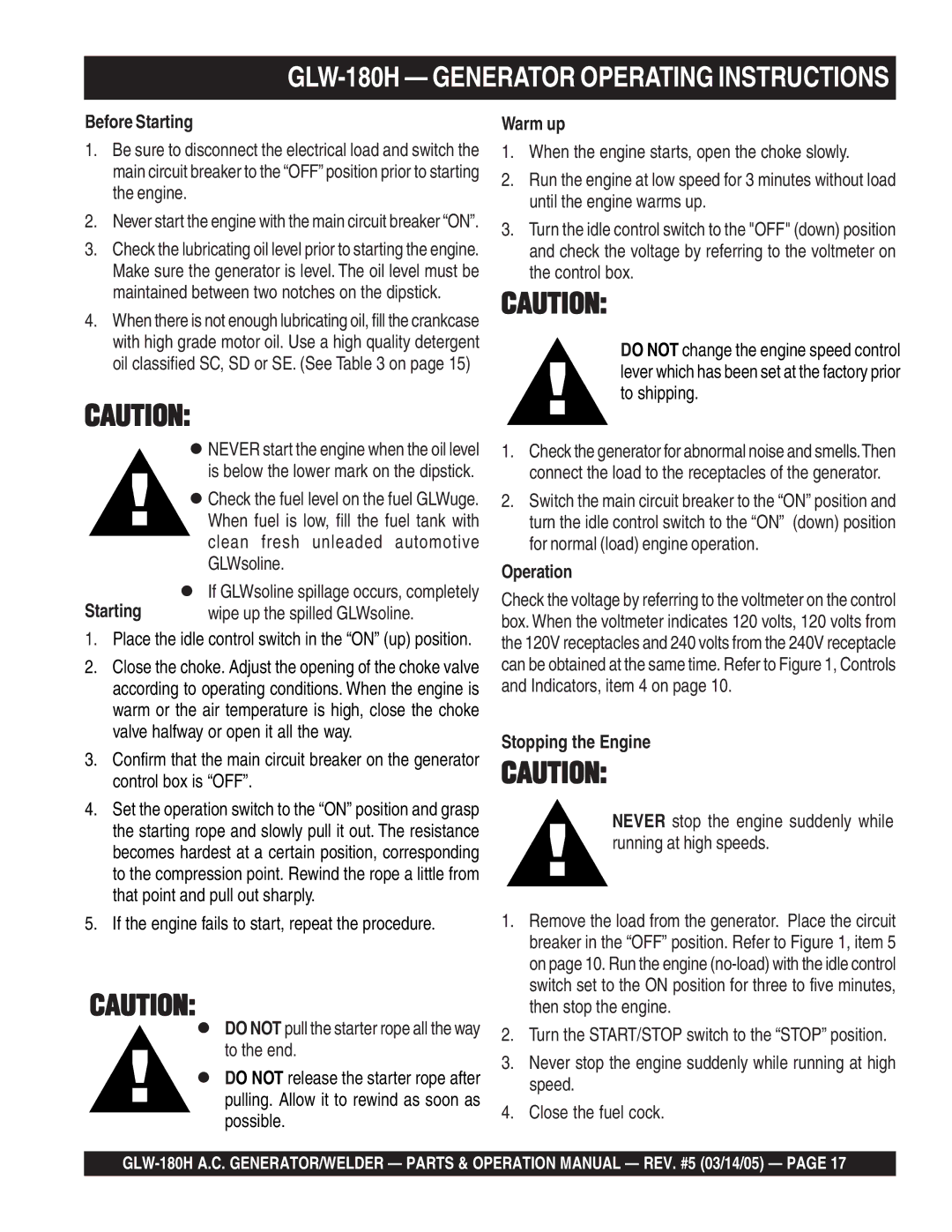 Multiquip GLW-180H operation manual Before Starting, Warm up, Operation, Stopping the Engine 