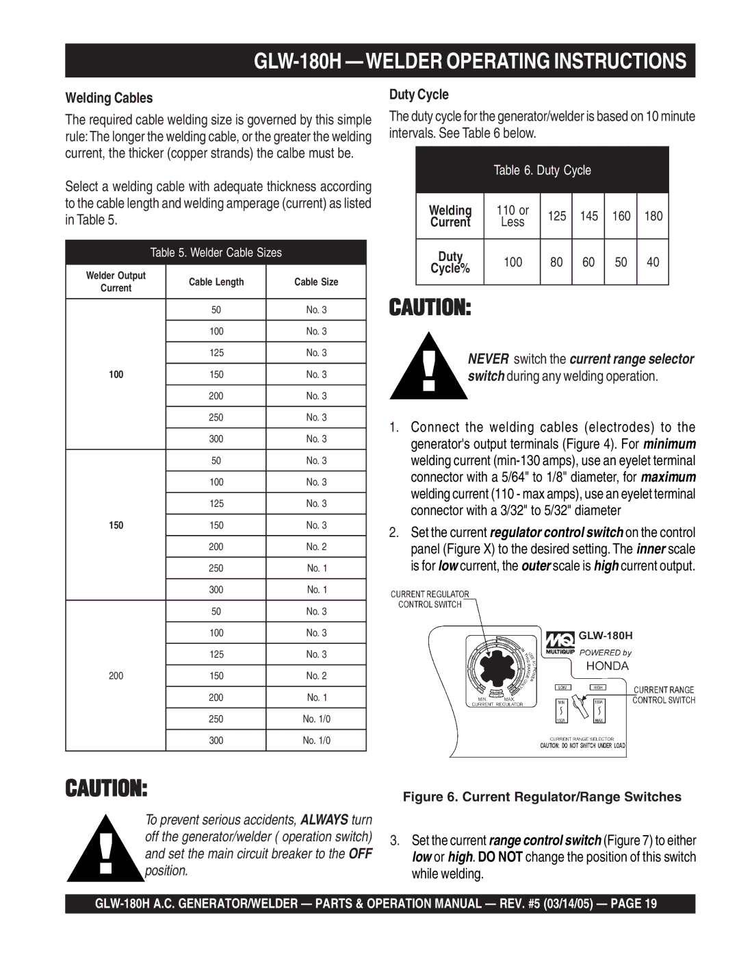 Multiquip GLW-180H operation manual Welding Cables, Duty Cycle 