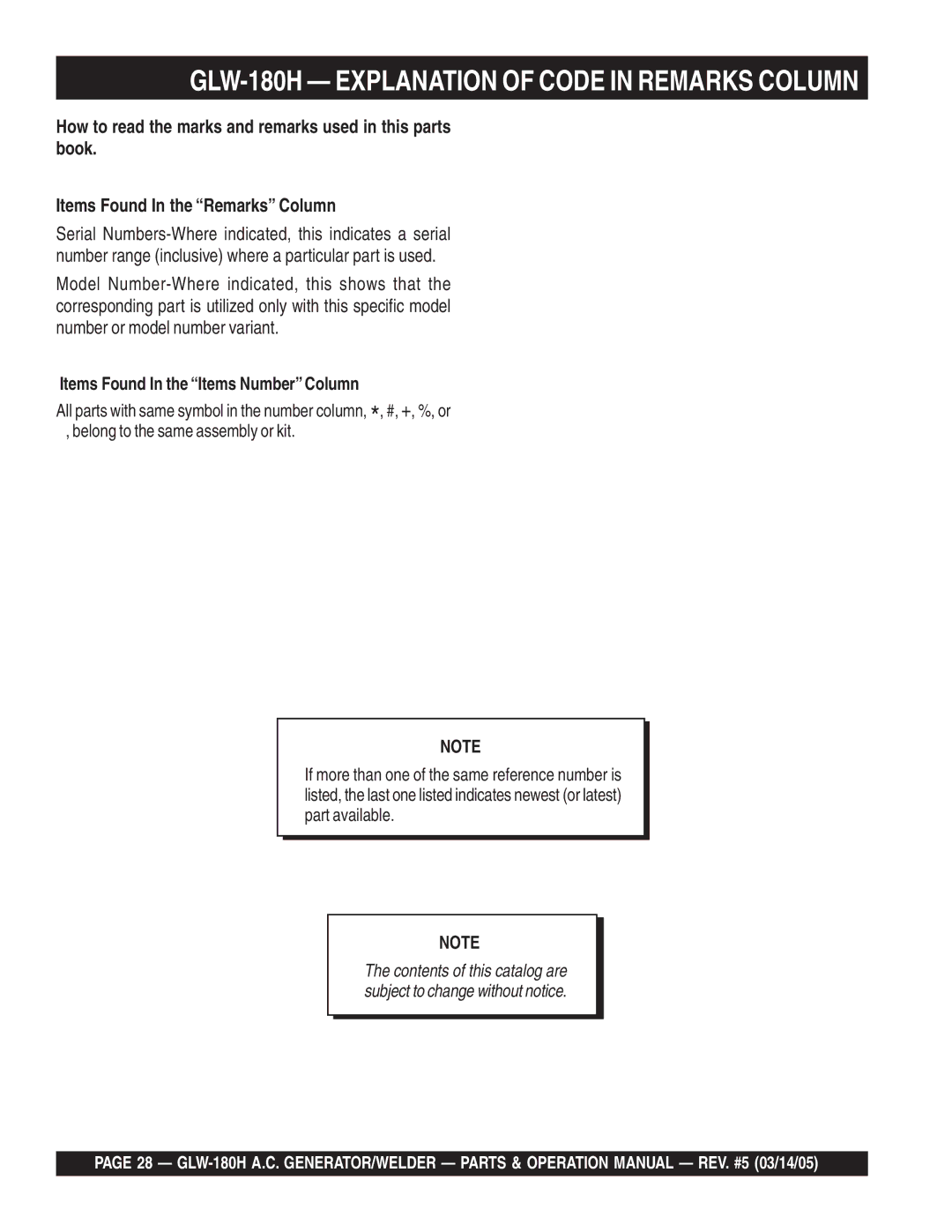 Multiquip operation manual GLW-180H Explanation of Code in Remarks Column, Items Found In the Items Number Column 