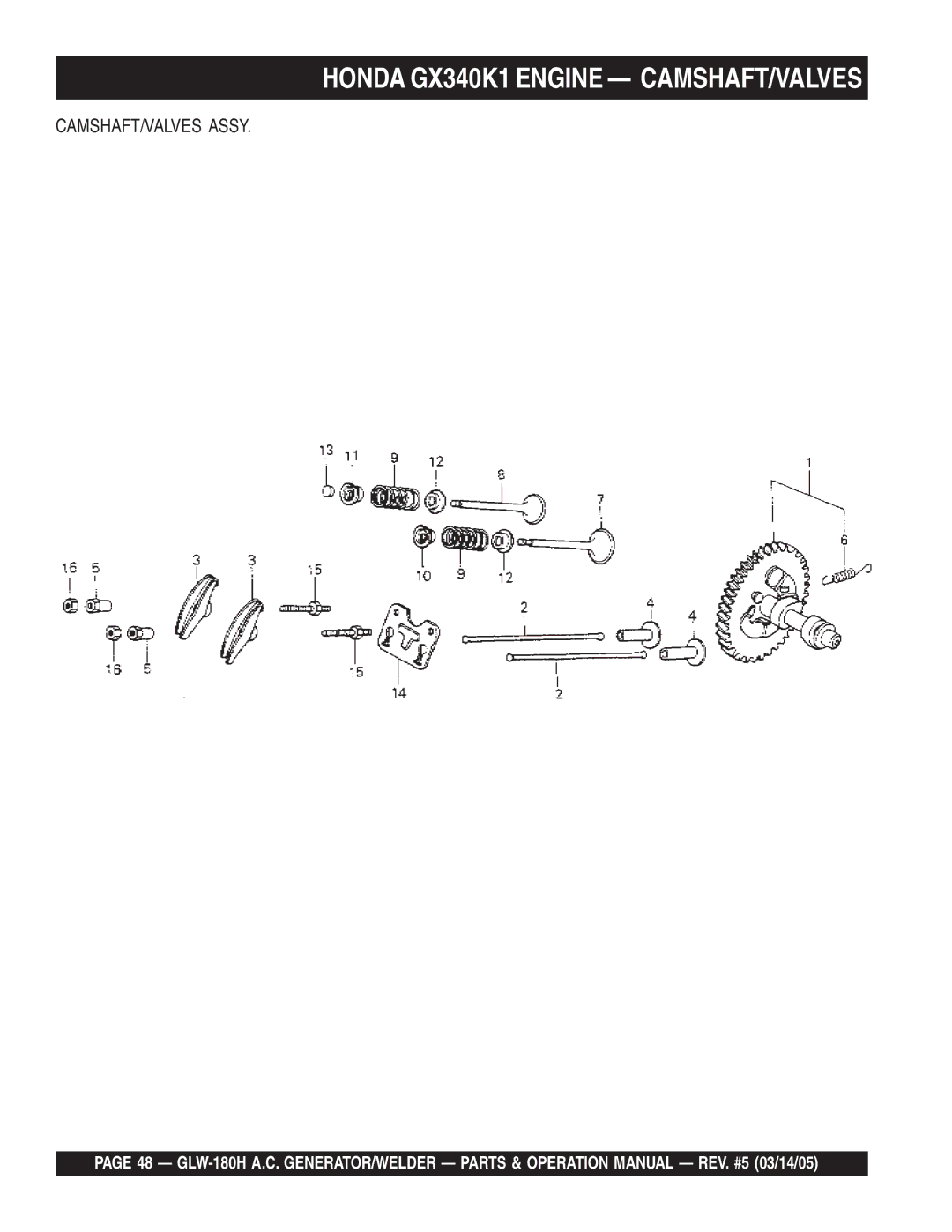 Multiquip GLW-180H operation manual Honda GX340K1 Engine CAMSHAFT/VALVES 