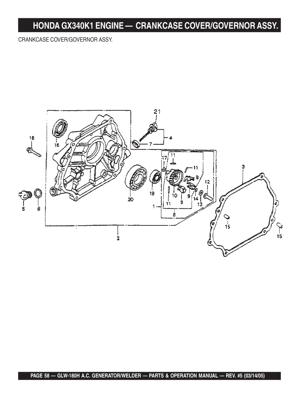 Multiquip GLW-180H operation manual Honda GX340K1 Engine Crankcase COVER/GOVERNOR Assy 