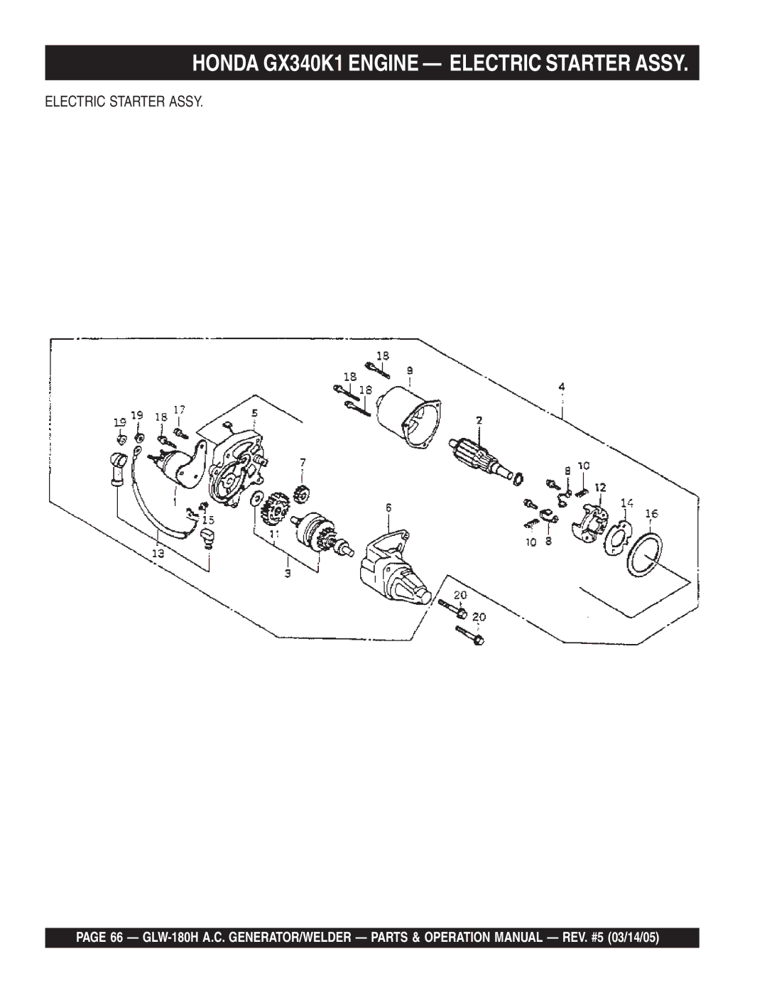 Multiquip GLW-180H operation manual Honda GX340K1 Engine Electric Starter Assy 