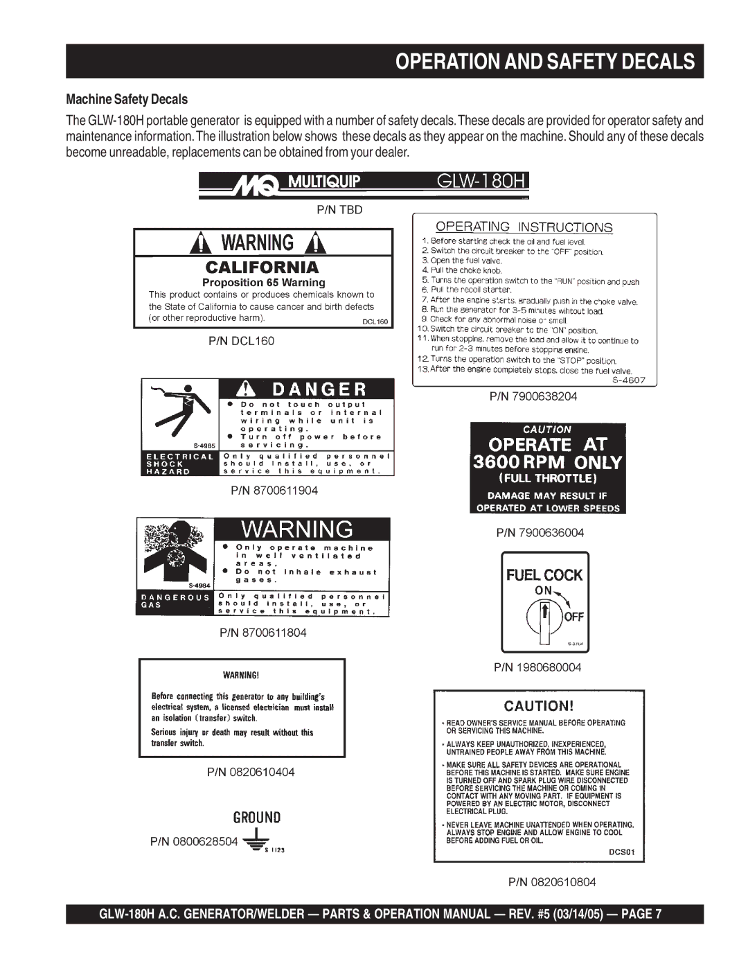 Multiquip GLW-180H operation manual Operation and Safety Decals, Machine Safety Decals 