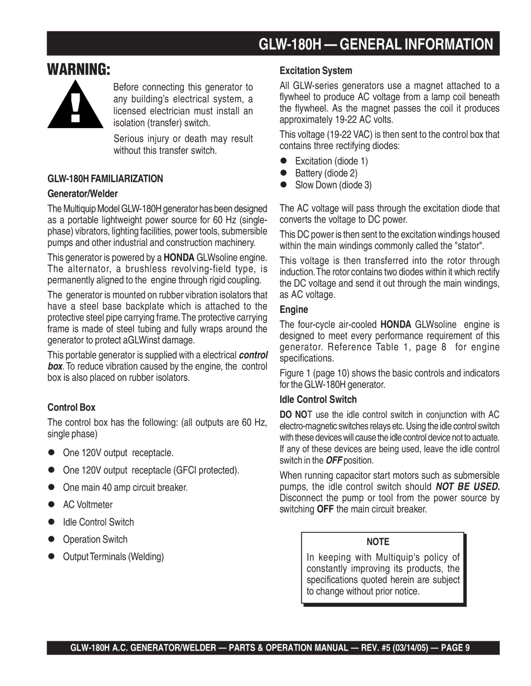 Multiquip operation manual GLW-180H General Information, Generator/Welder, Control Box, Engine, Idle Control Switch 