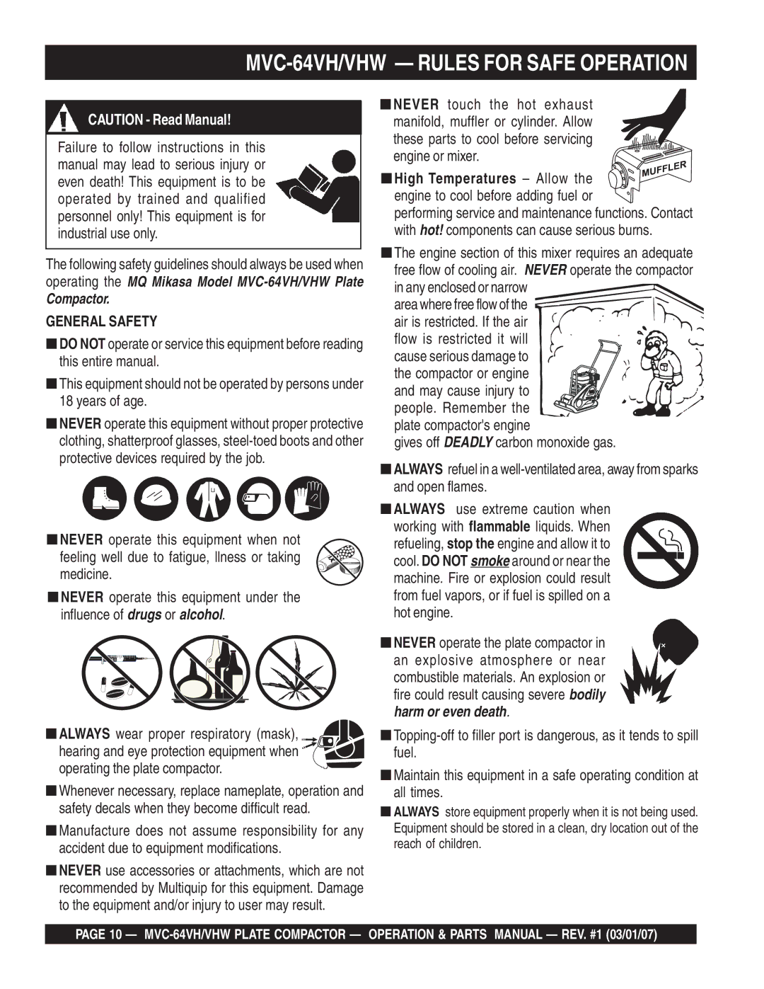 Multiquip GX12061 manual MVC-64VH/VHW Rules for Safe Operation, General Safety 