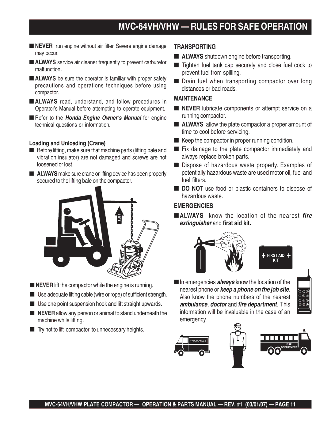 Multiquip GX12061 manual MVC-64VH/VHW Rules for Safe Operation, Loading and Unloading Crane 