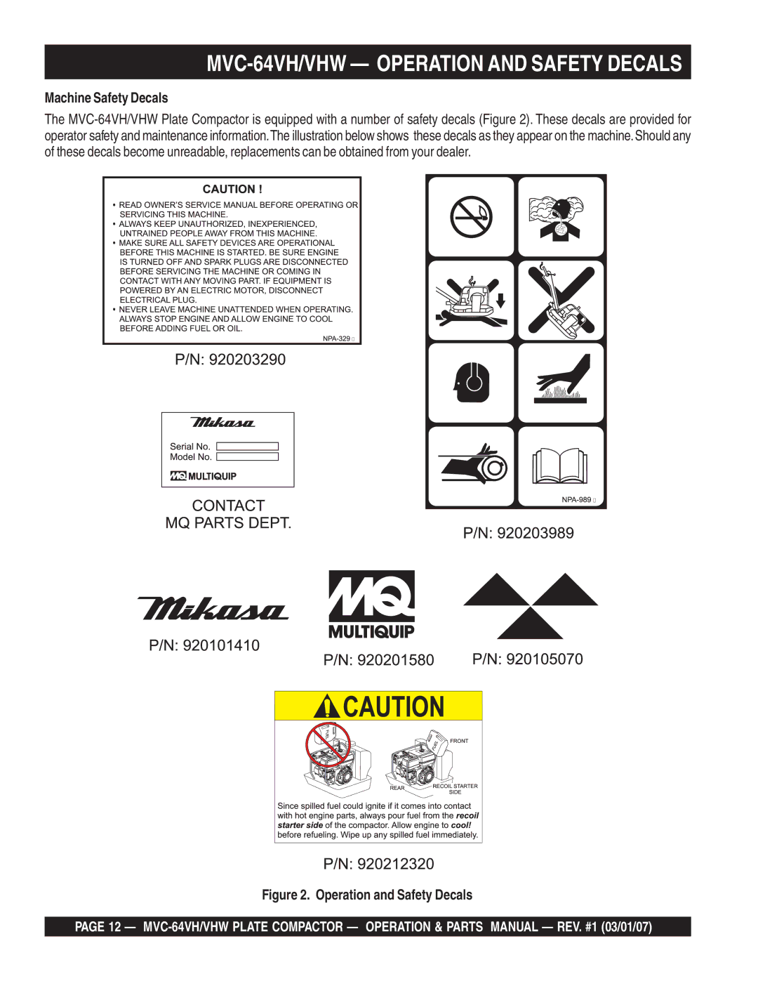 Multiquip GX12061 manual Machine Safety Decals, Operation and Safety Decals 