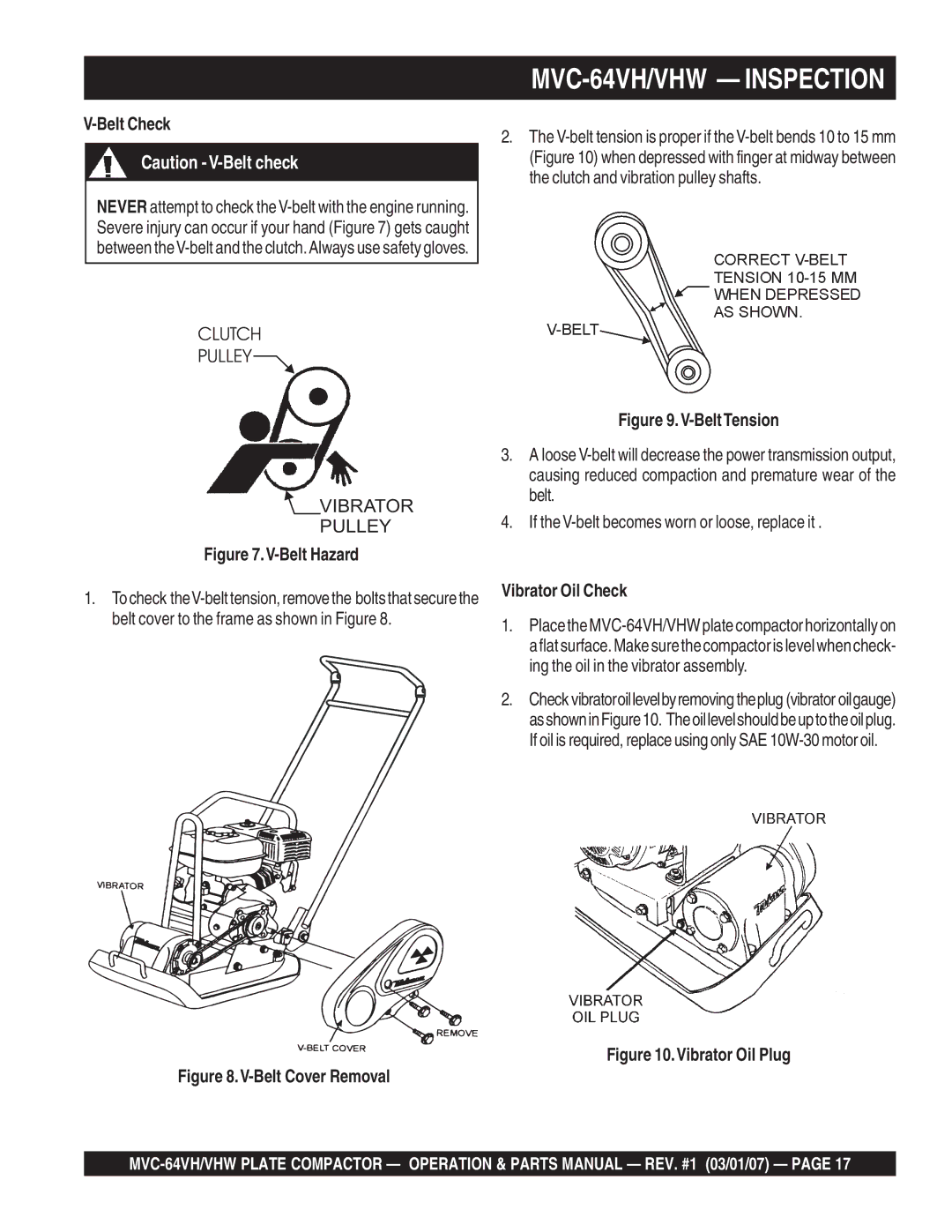 Multiquip GX12061 manual MVC-64VH/VHW Inspection, Belt Check, Vibrator Oil Check 