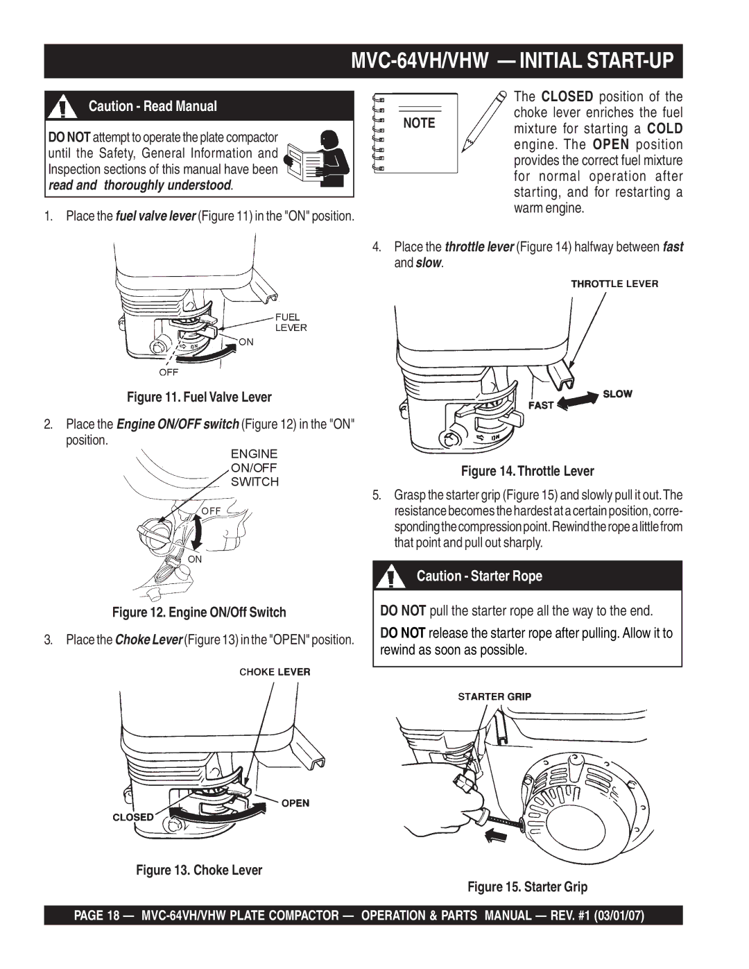 Multiquip GX12061 manual MVC-64VH/VHW Initial START-UP, Fuel Valve Lever 