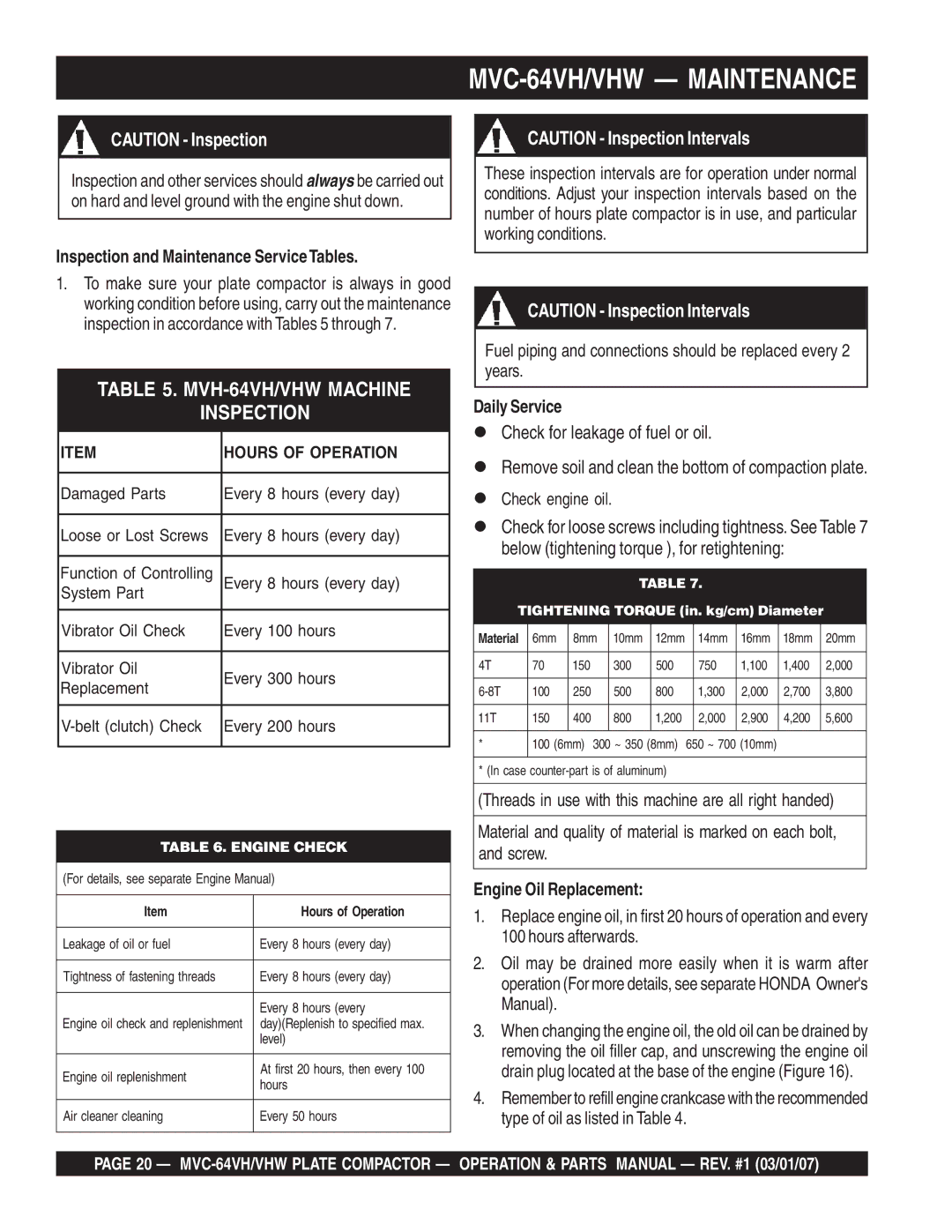 Multiquip GX12061 manual MVC-64VH/VHW Maintenance, Inspection and Maintenance ServiceTables, Daily Service 