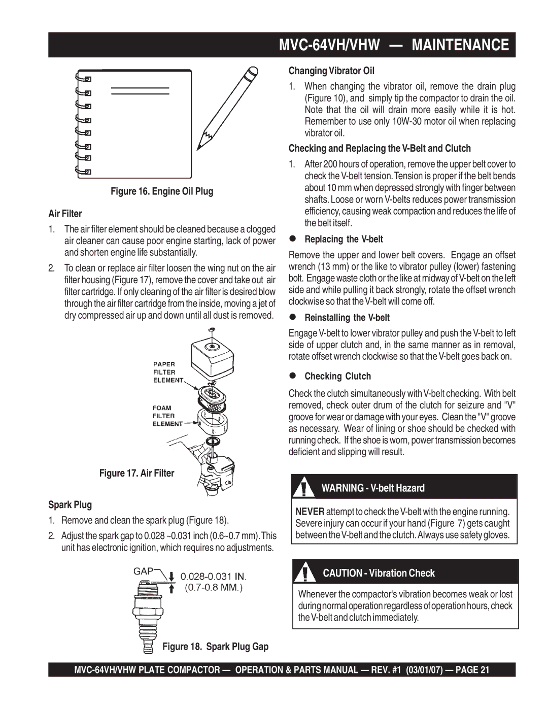 Multiquip GX12061 manual Changing Vibrator Oil, Checking and Replacing the V-Belt and Clutch, Replacing the V-belt 