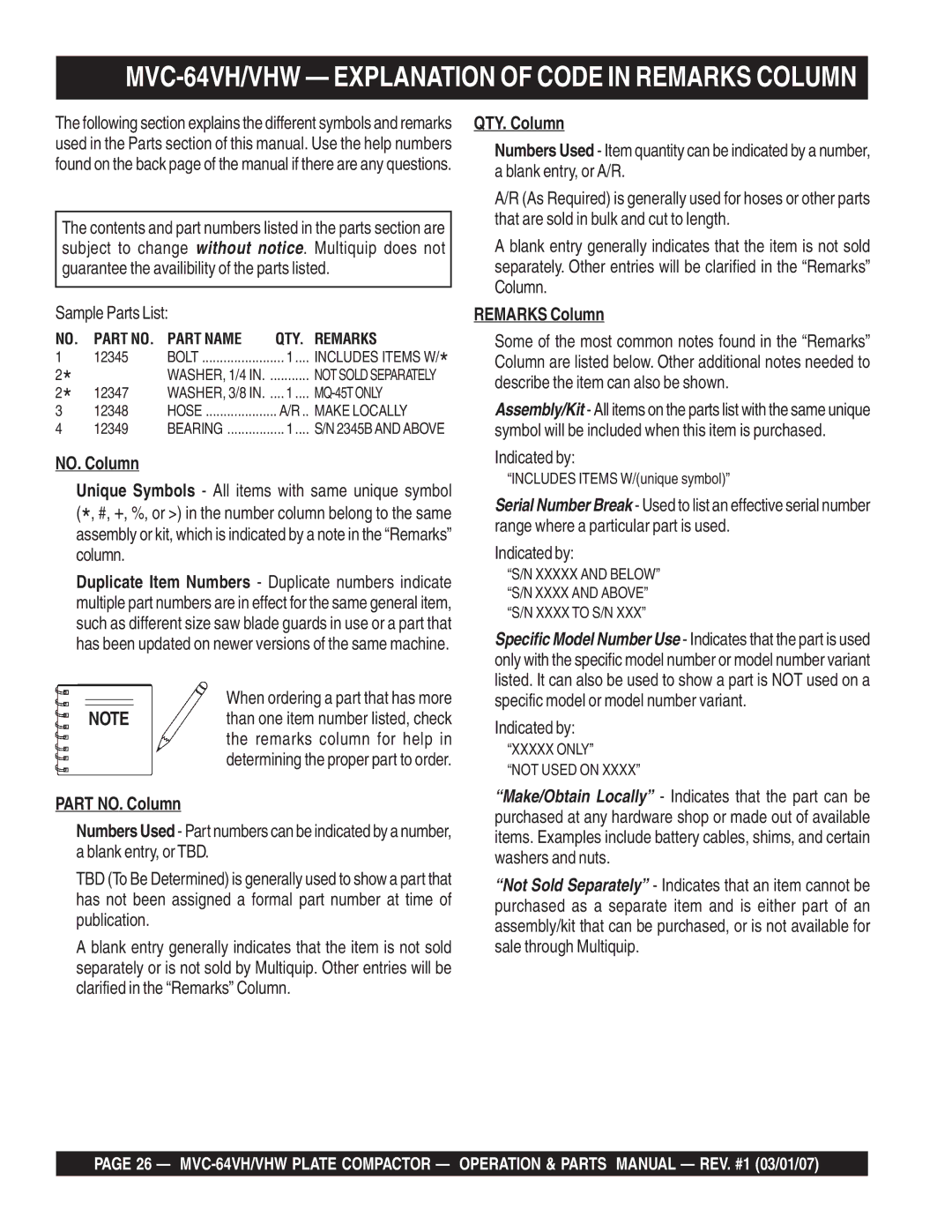 Multiquip GX12061 manual Part NO. Column, QTY. Column, Remarks Column 