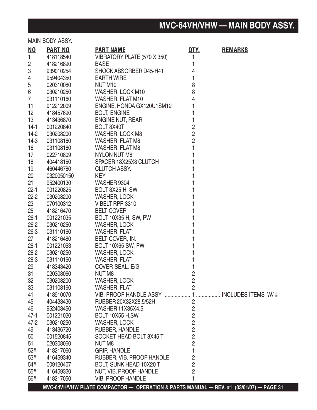 Multiquip GX12061 Base, Shock Absorber D45-H41, Earth Wire, NUT M10, WASHER, Lock M10, WASHER, Flat M10, BOLT, Engine, Key 