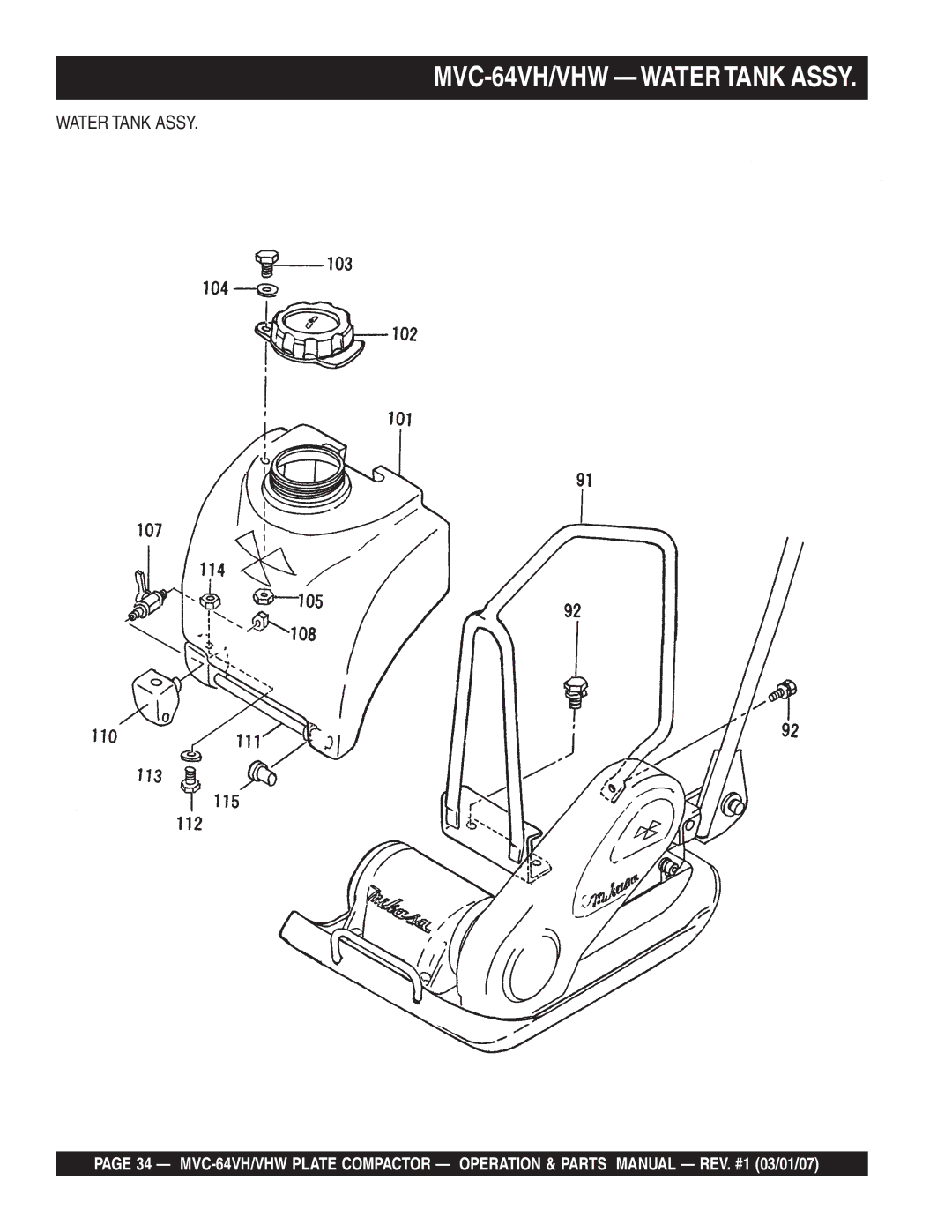 Multiquip GX12061 manual MVC-64VH/VHW Watertank Assy, Water Tank Assy 