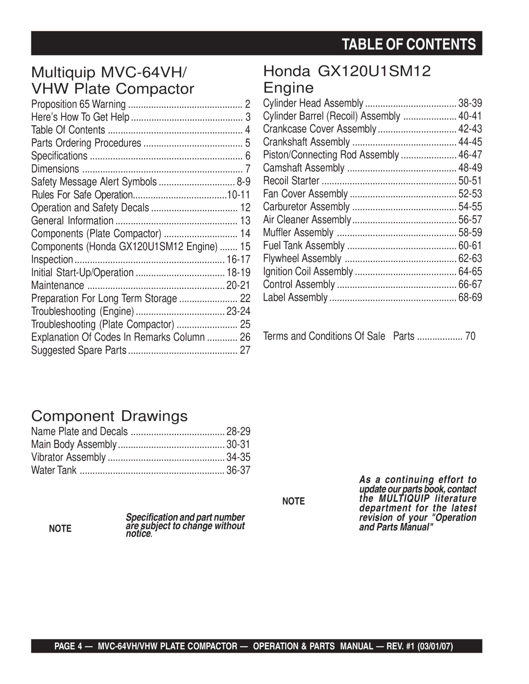 Multiquip GX12061 manual Table of Contents 