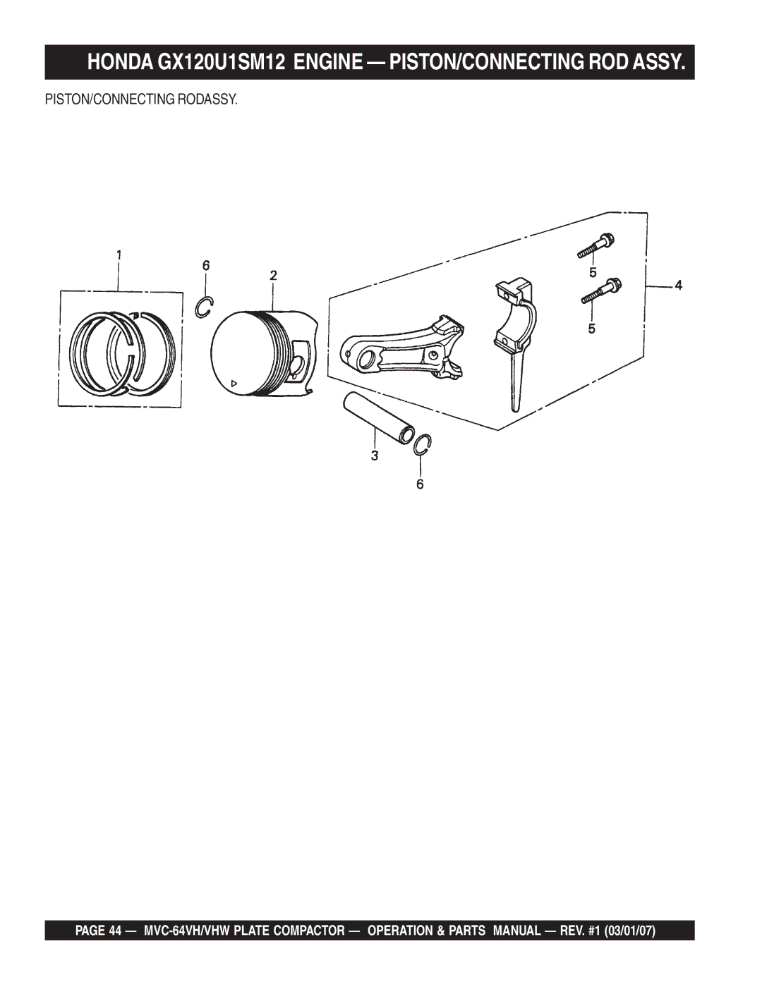 Multiquip GX12061 manual Honda GX120U1SM12 Engine PISTON/CONNECTING ROD Assy, PISTON/CONNECTING Rodassy 