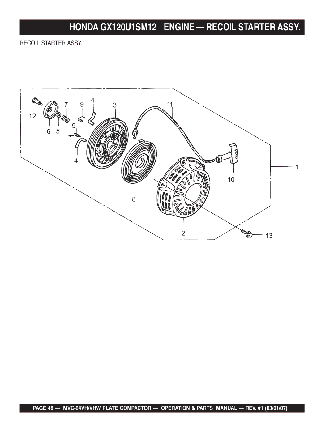Multiquip GX12061 manual Honda GX120U1SM12 Engine Recoil Starter Assy 