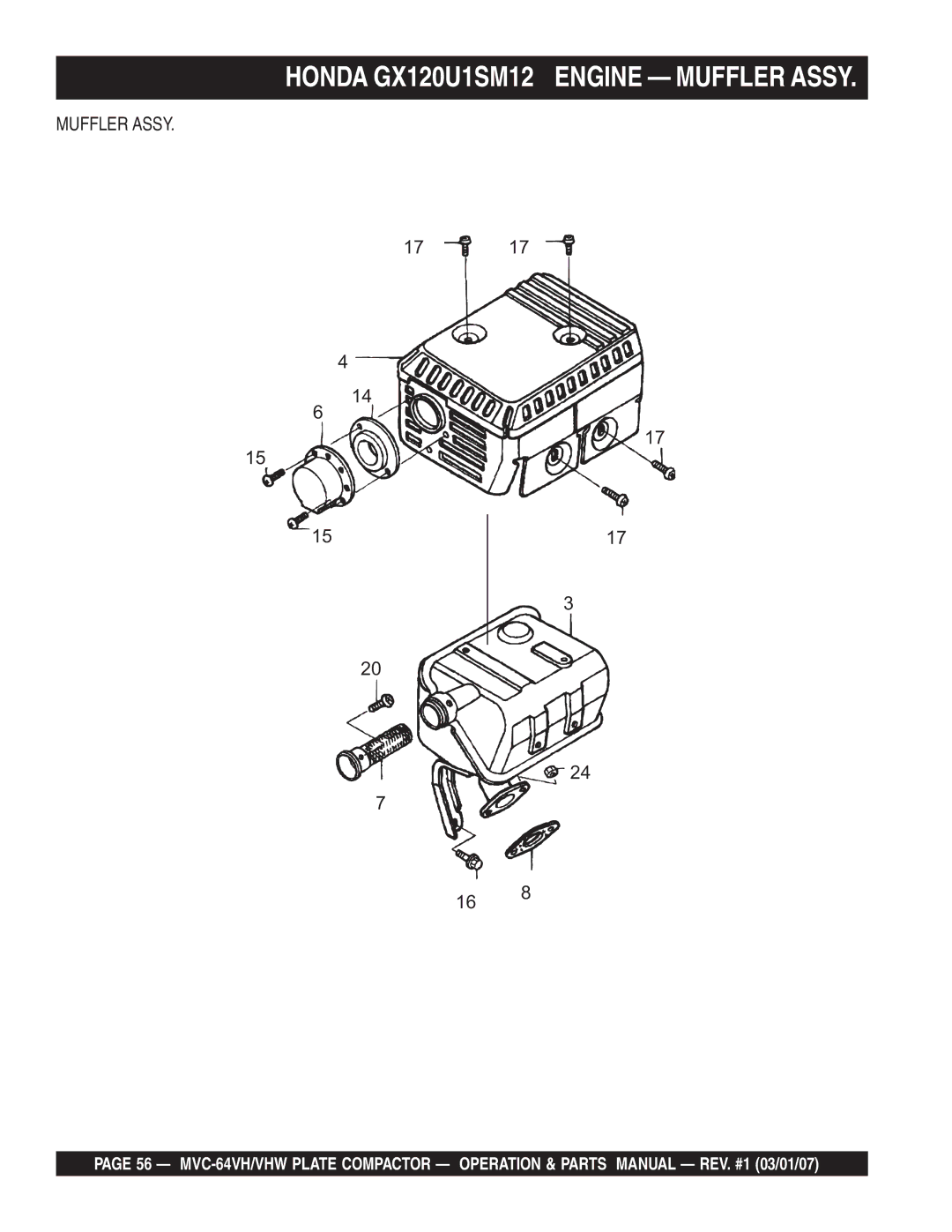 Multiquip GX12061 manual Honda GX120U1SM12 Engine Muffler Assy 