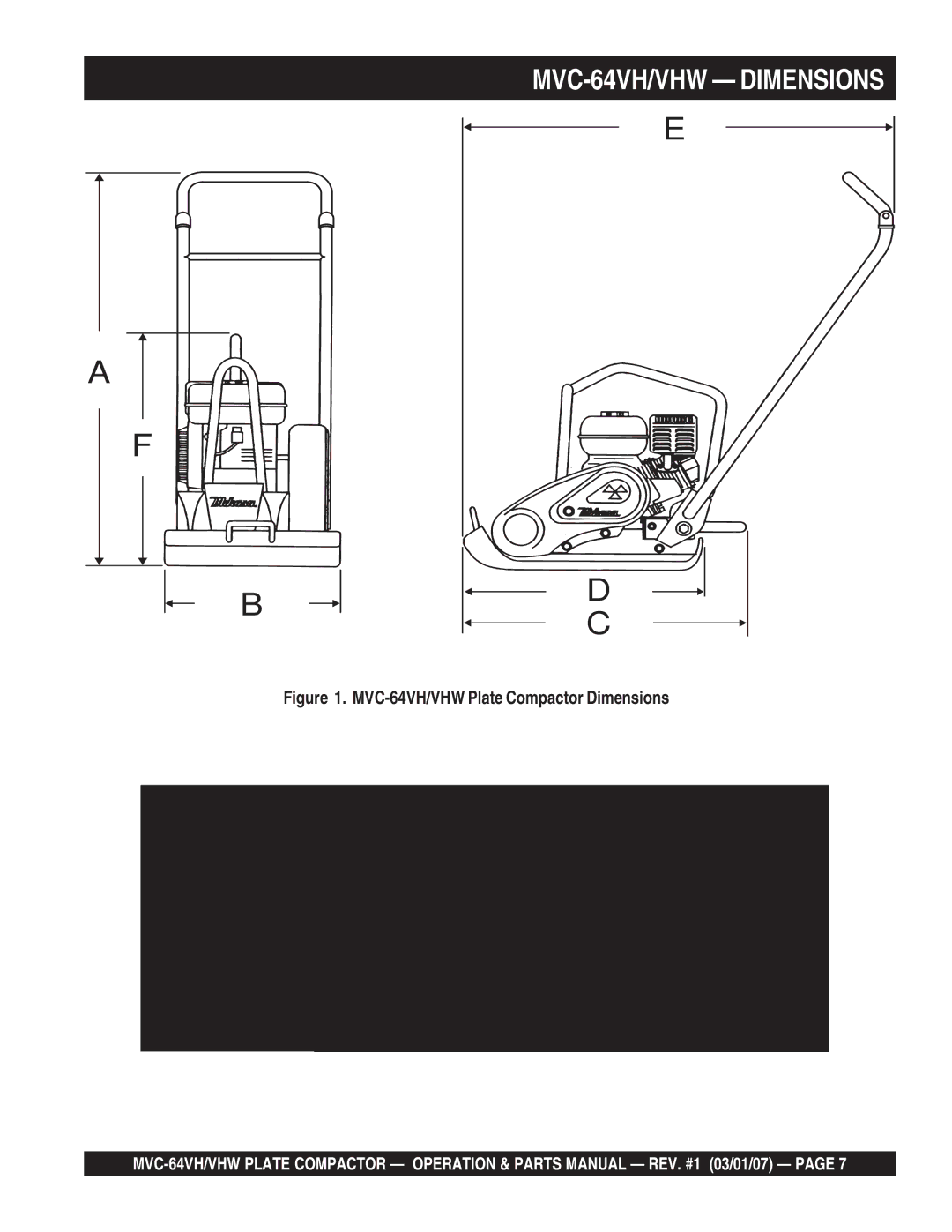 Multiquip GX12061 manual MVC-64VH/VHW Dimensions, MVC-64VH/VHW Plate Compactor Dimensions 