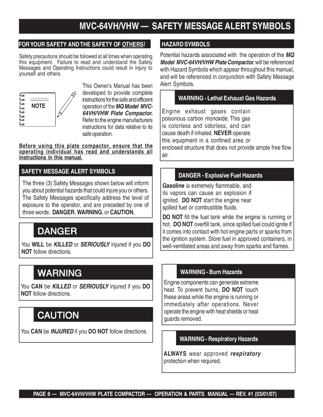 Multiquip GX12061 manual MVC-64VH/VHW Safety Message Alert Symbols 