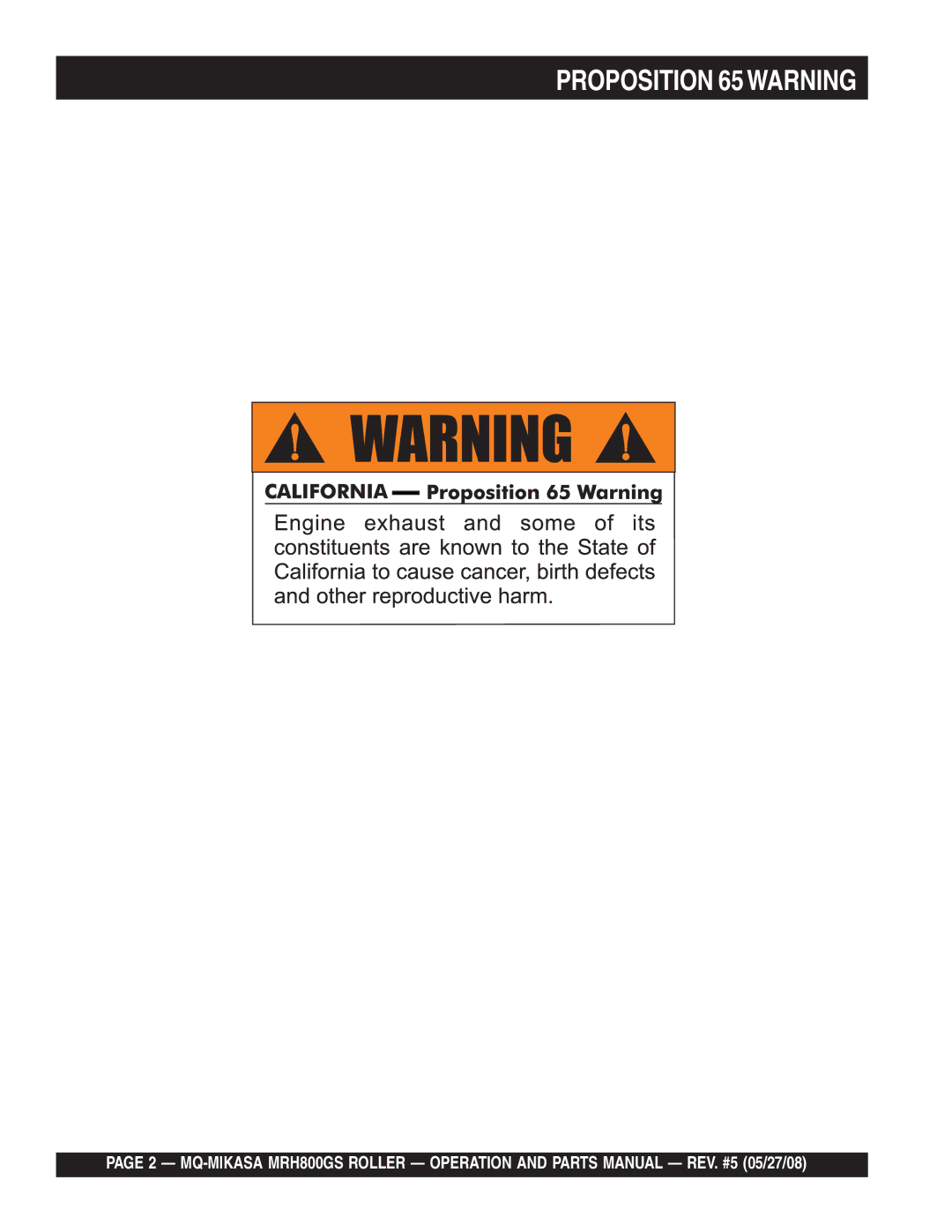 Multiquip GX390K1SM32 manual Proposition 65WARNING 