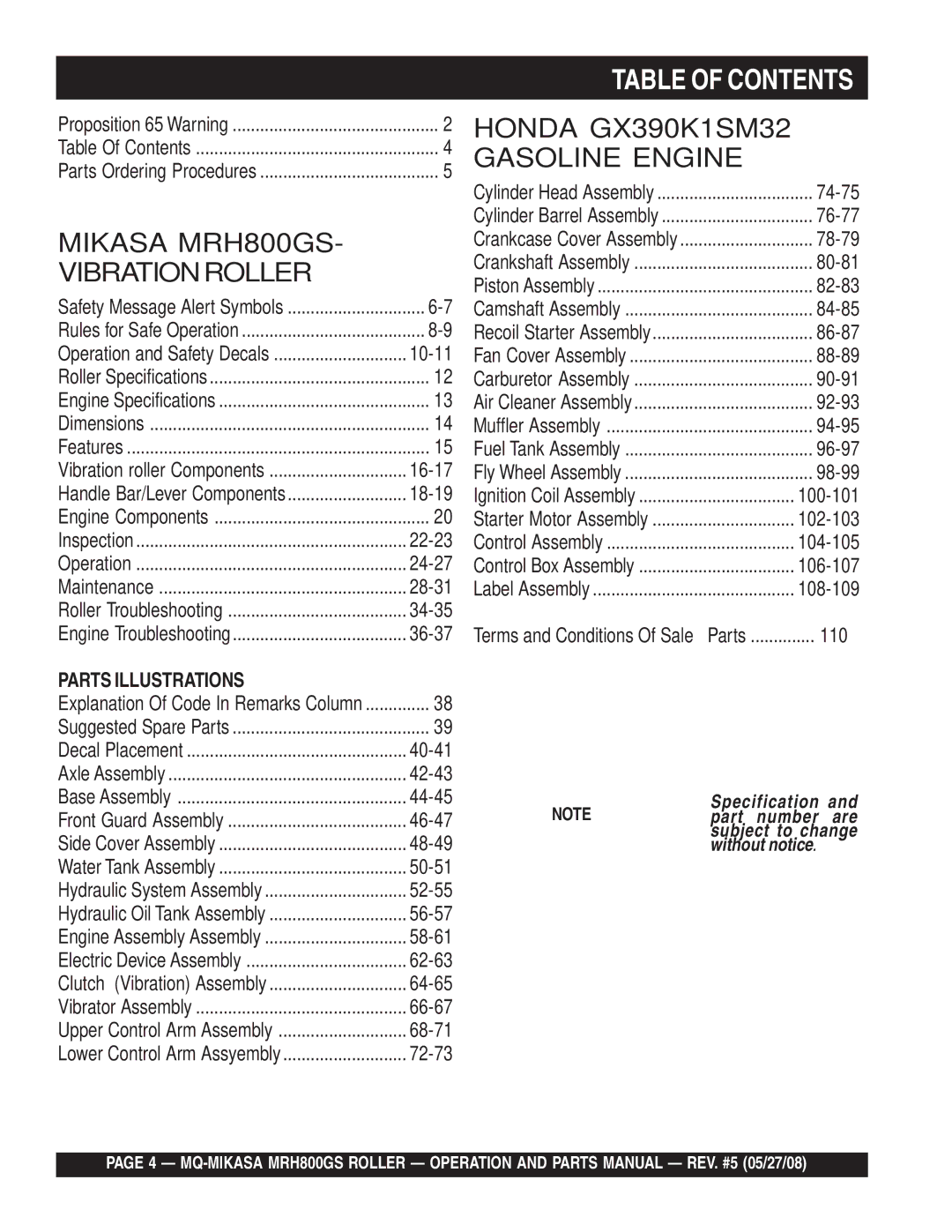 Multiquip GX390K1SM32 manual Table of Contents 