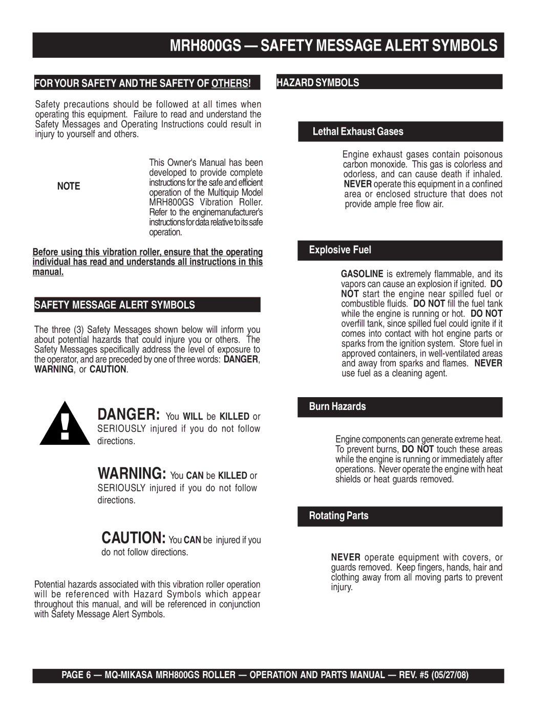 Multiquip GX390K1SM32 manual MRH800GS Safety Message Alert Symbols 