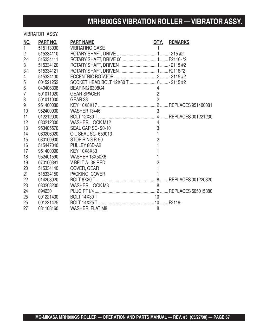 Multiquip GX390K1SM32 manual Vibrating Case, Bearing 6308C4, Gear Spacer, Stop Ring R-90, Pulley 86D-A2, Belt A- 38 RED 