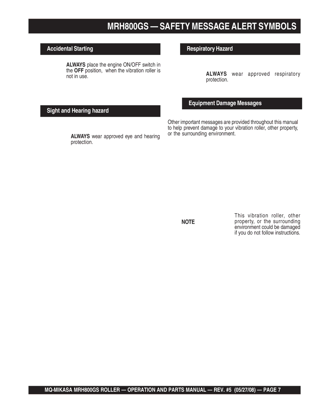 Multiquip GX390K1SM32 manual MRH800GS Safety Message Alert Symbols 